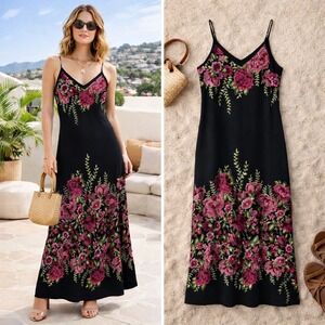Karen Kane Floral Embroidered Maxi Dress Black Pink Small 3L15244